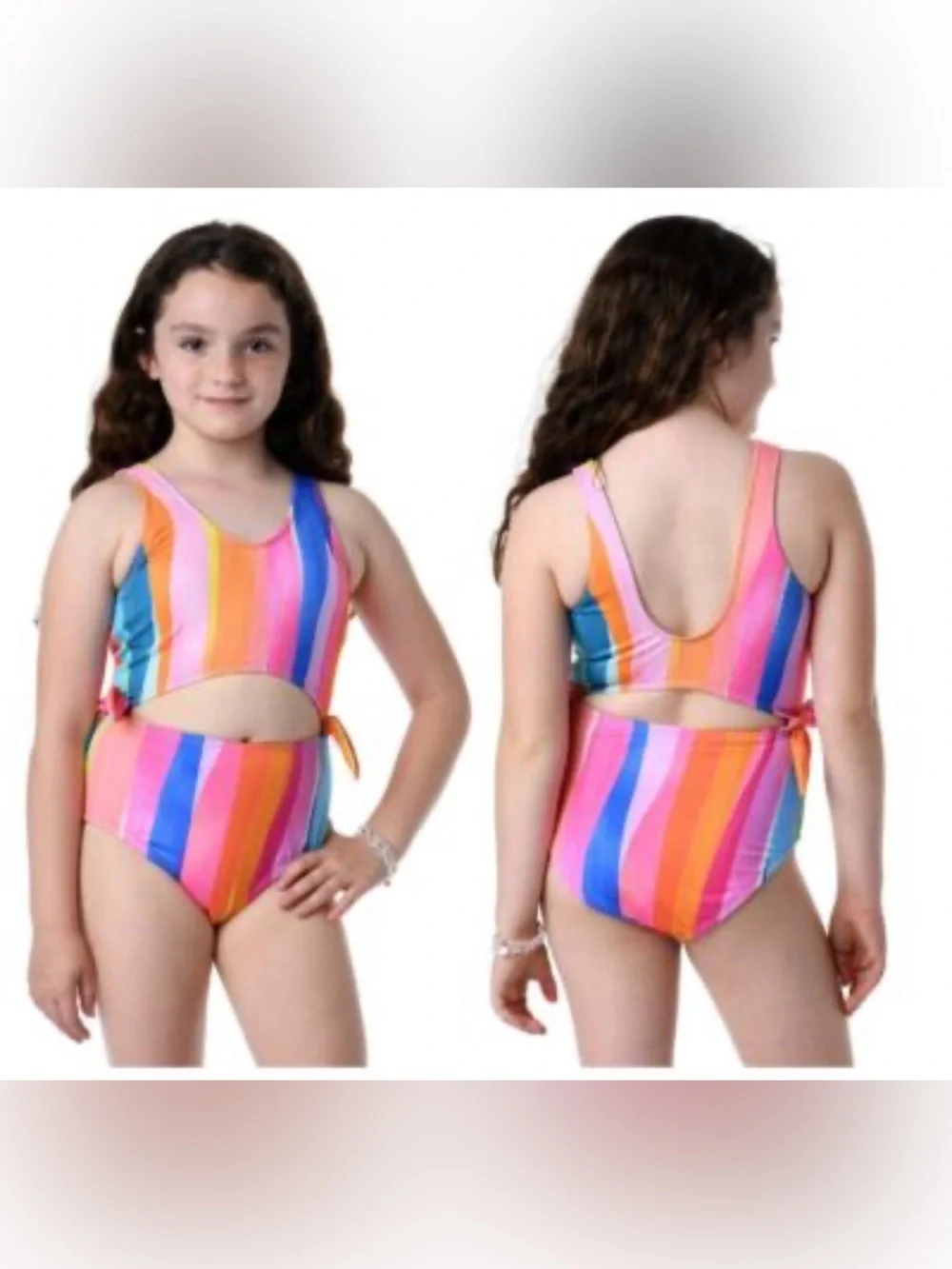 HOBIE  Girl's cutout Side Tie Rainbow One Piece  Swimsuit Pink Trim 14